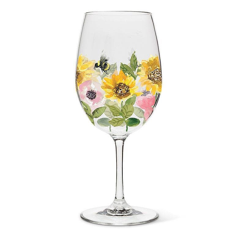 Wine Glass - Sunflowers & Bees