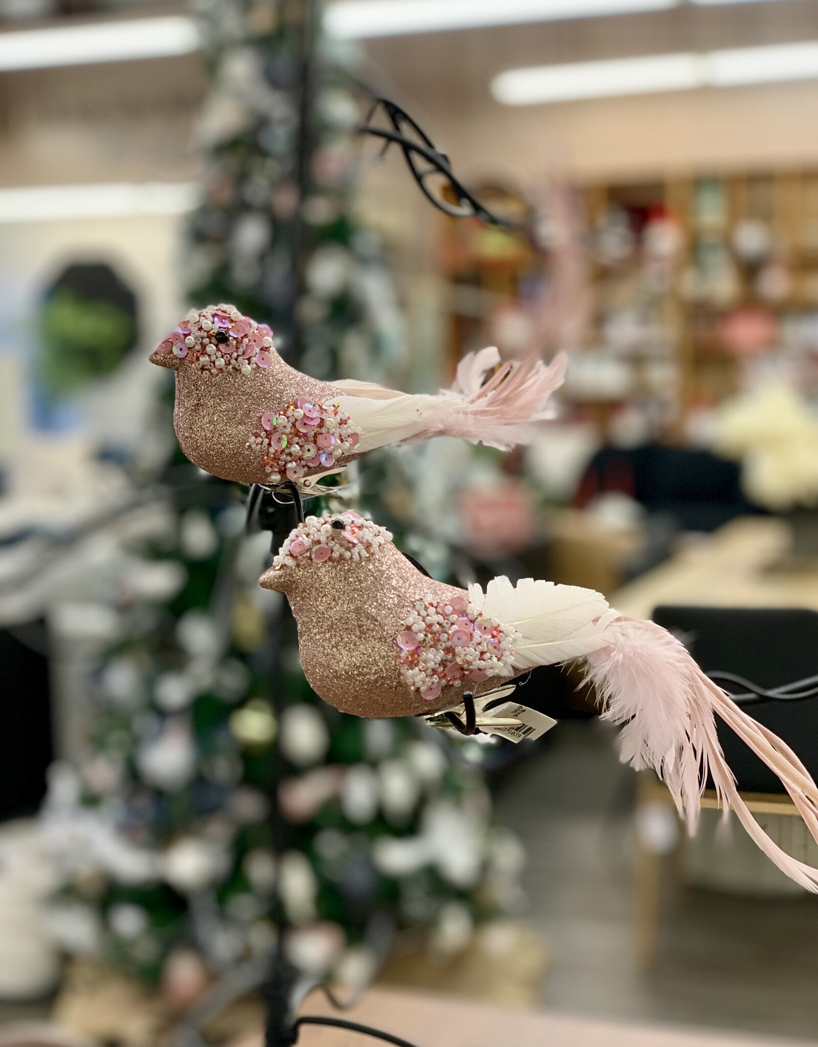 Xmas CT Pink/White Feather Clip Bird W/Beads F8695