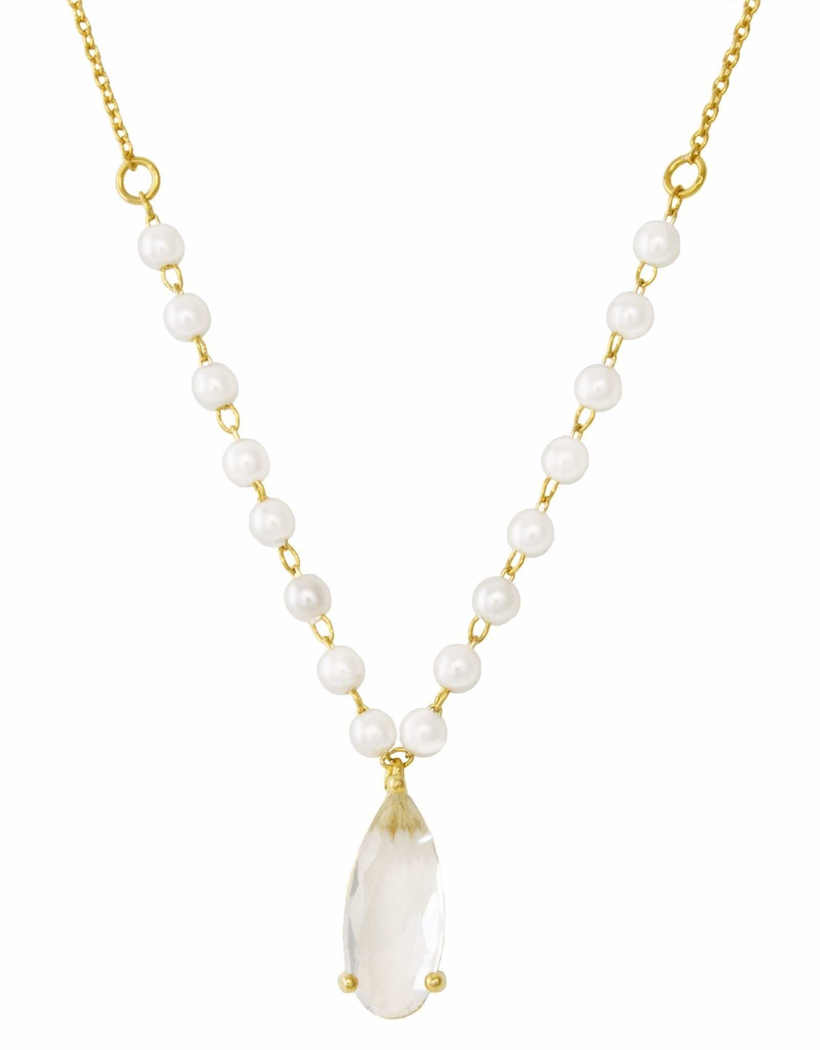 Jackie J 18â€³ | Gold necklace made with 8 small acrylic pearl and teardrop CZ pendant
