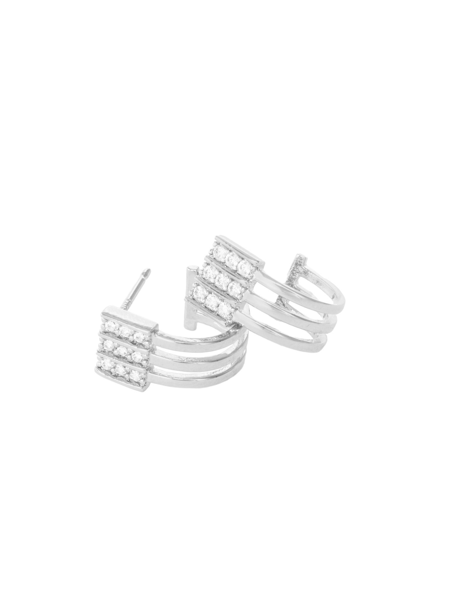 Jackie J 0.4â€³ | Three row open hoops earring with pave CZ rectangle at the front Silver