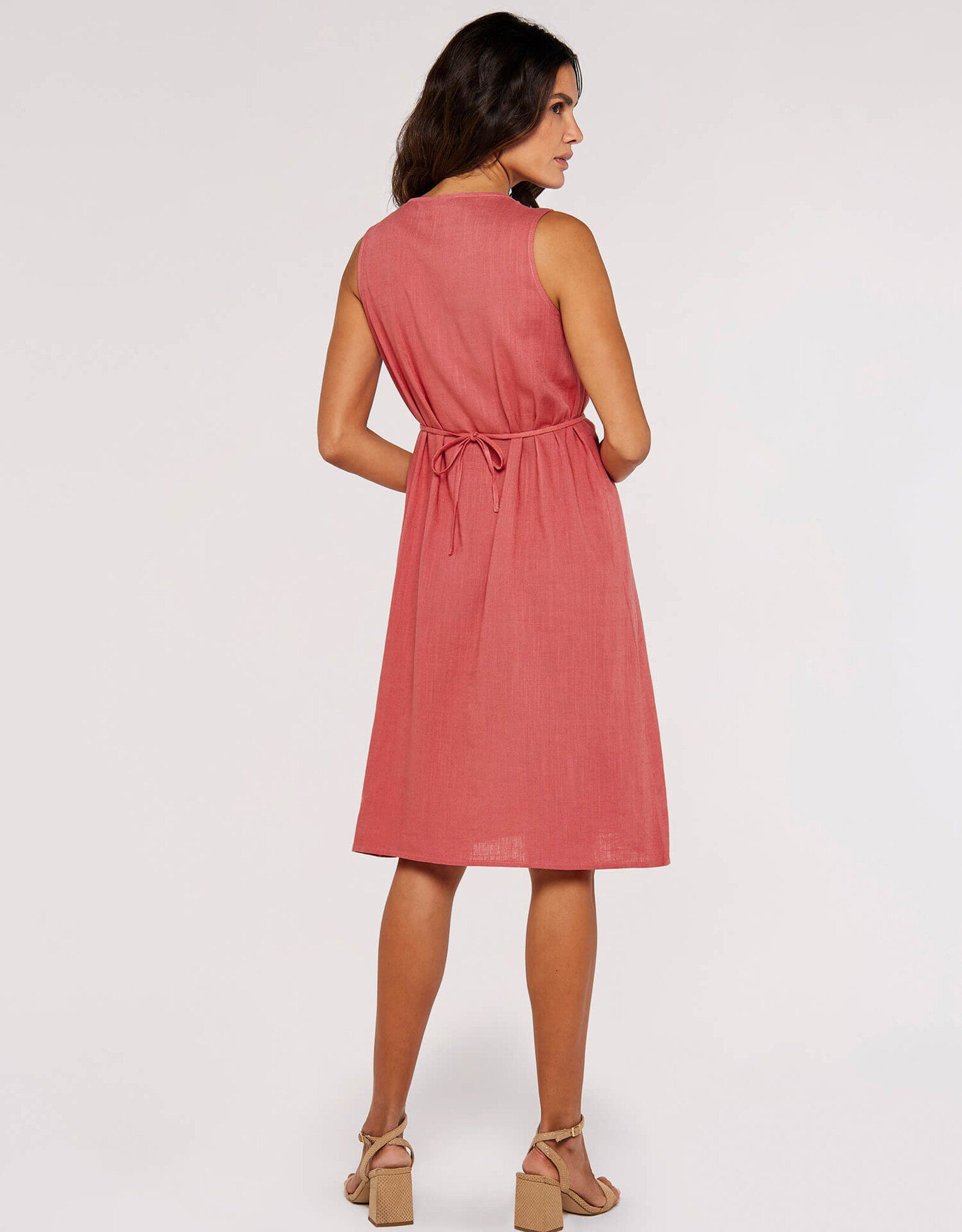 Apricot Cross Over Pleat Detail Linen Mix Dress