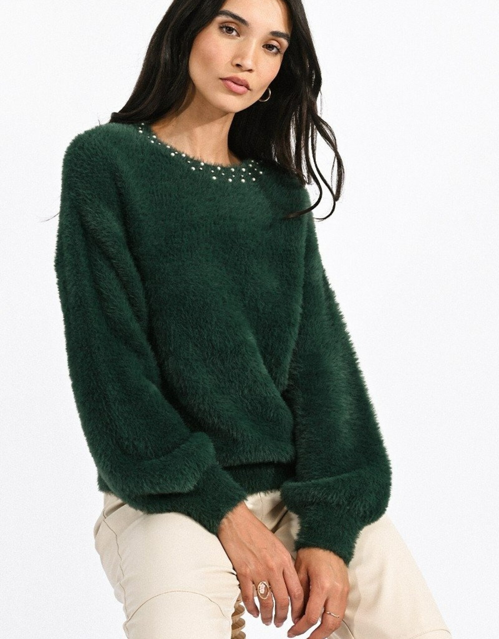 Molly Bracken Pearl Trim Fuzzy Knit Sweater