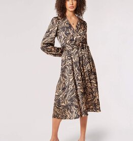 Apricot Swirl Print On Crinkle Satin Teardrop Wrap Dress