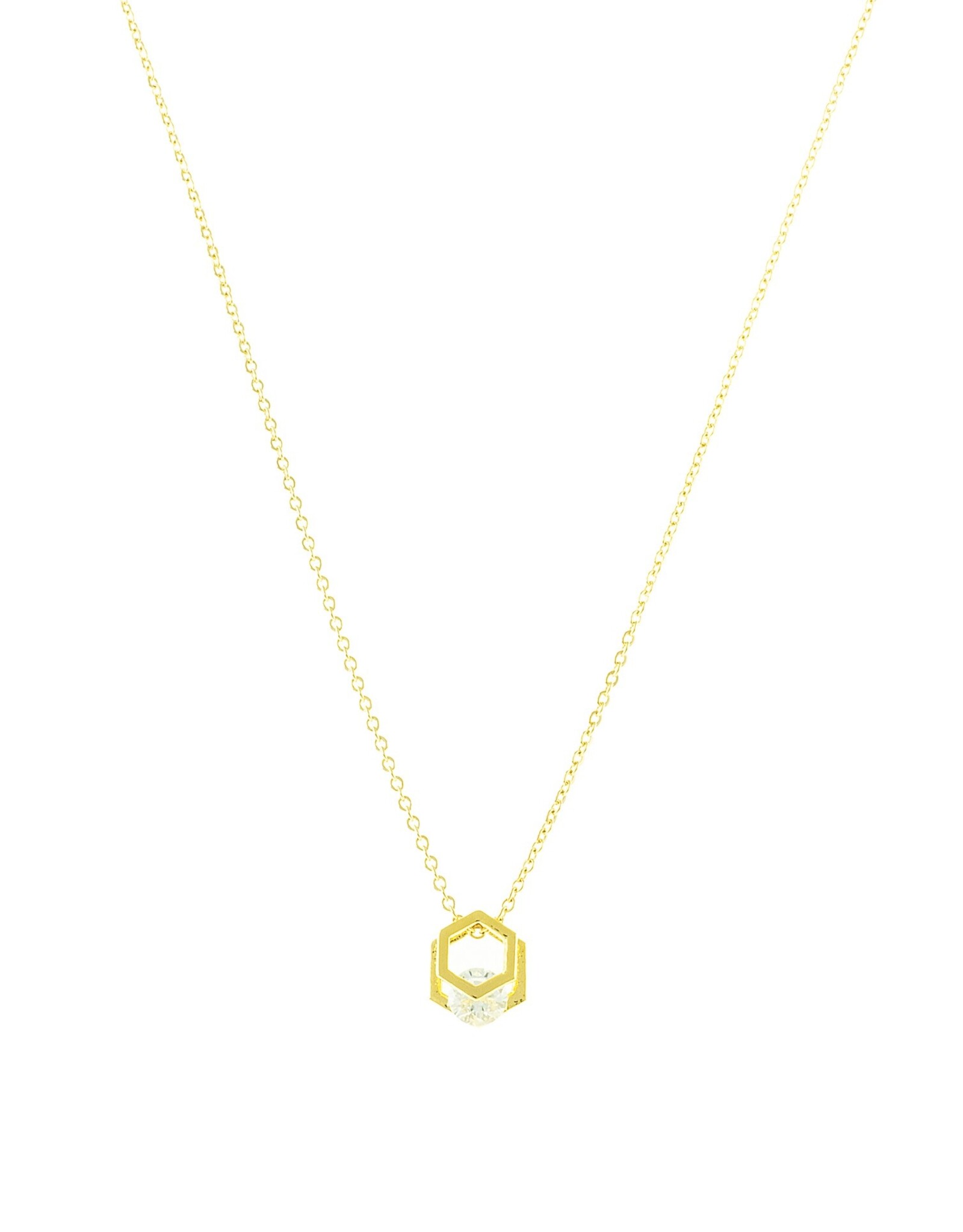 Jackie J 15″+2″|Delicate chain with hexagone pendant with CZ center Gold