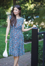 Papillon Floral Midi Dress with Smocked Waist and Ruffle Sleeves