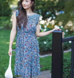 Papillon Floral Midi Dress with Smocked Waist and Ruffle Sleeves