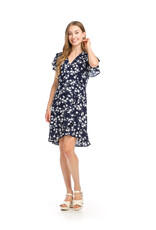 Papillon Floral Wrap Look Ruffle Trim Dress with Back Zip