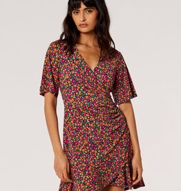 Apricot Side Ruch Graphic Ditsy Wrap Dress