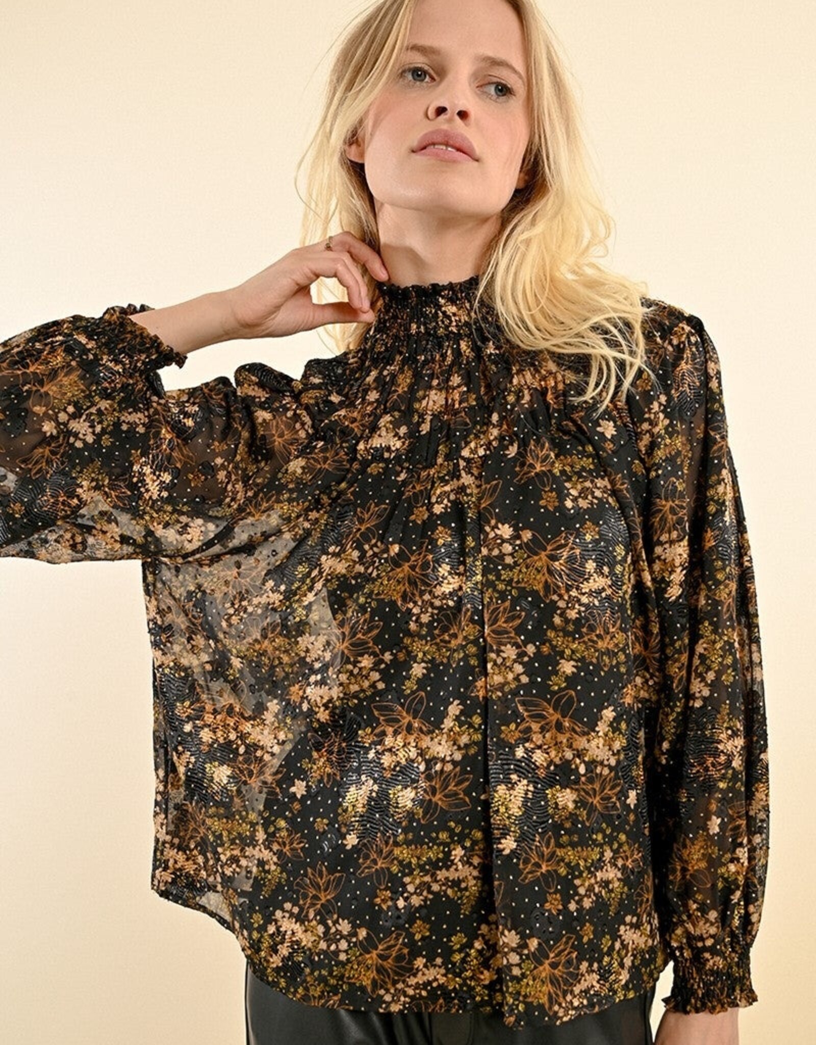 Molly Bracken Gold Lurex Print Blouse