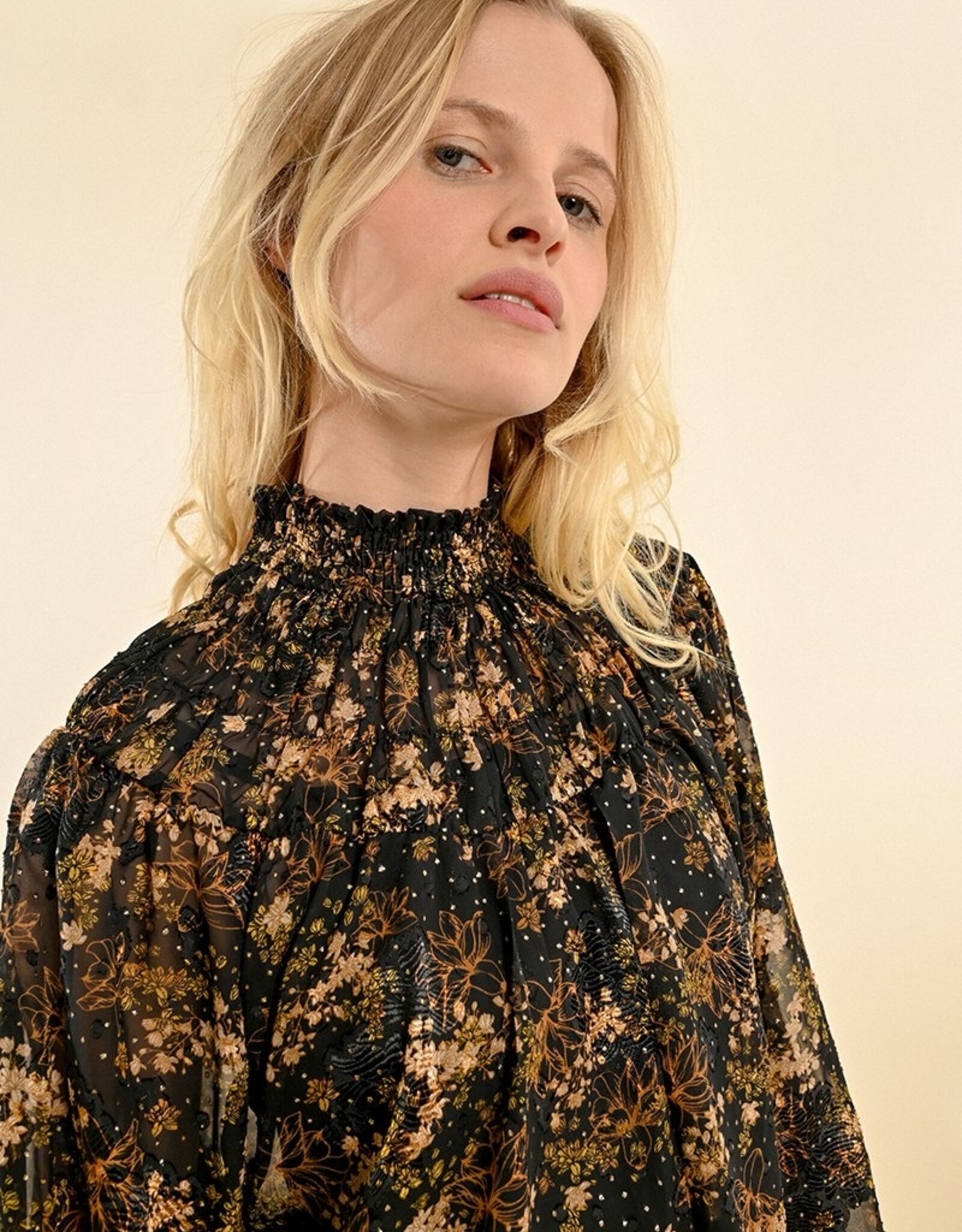 Molly Bracken Gold Lurex Print Blouse