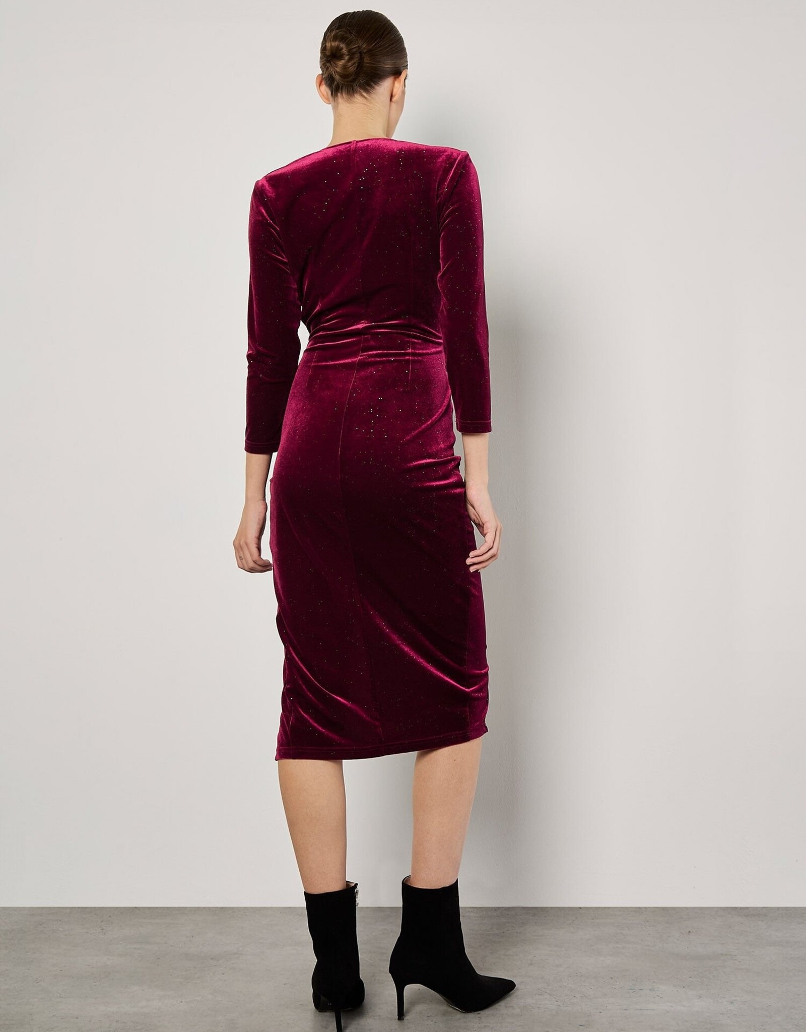 Apricot Glitter Velvet Side Ruched Midi Dress