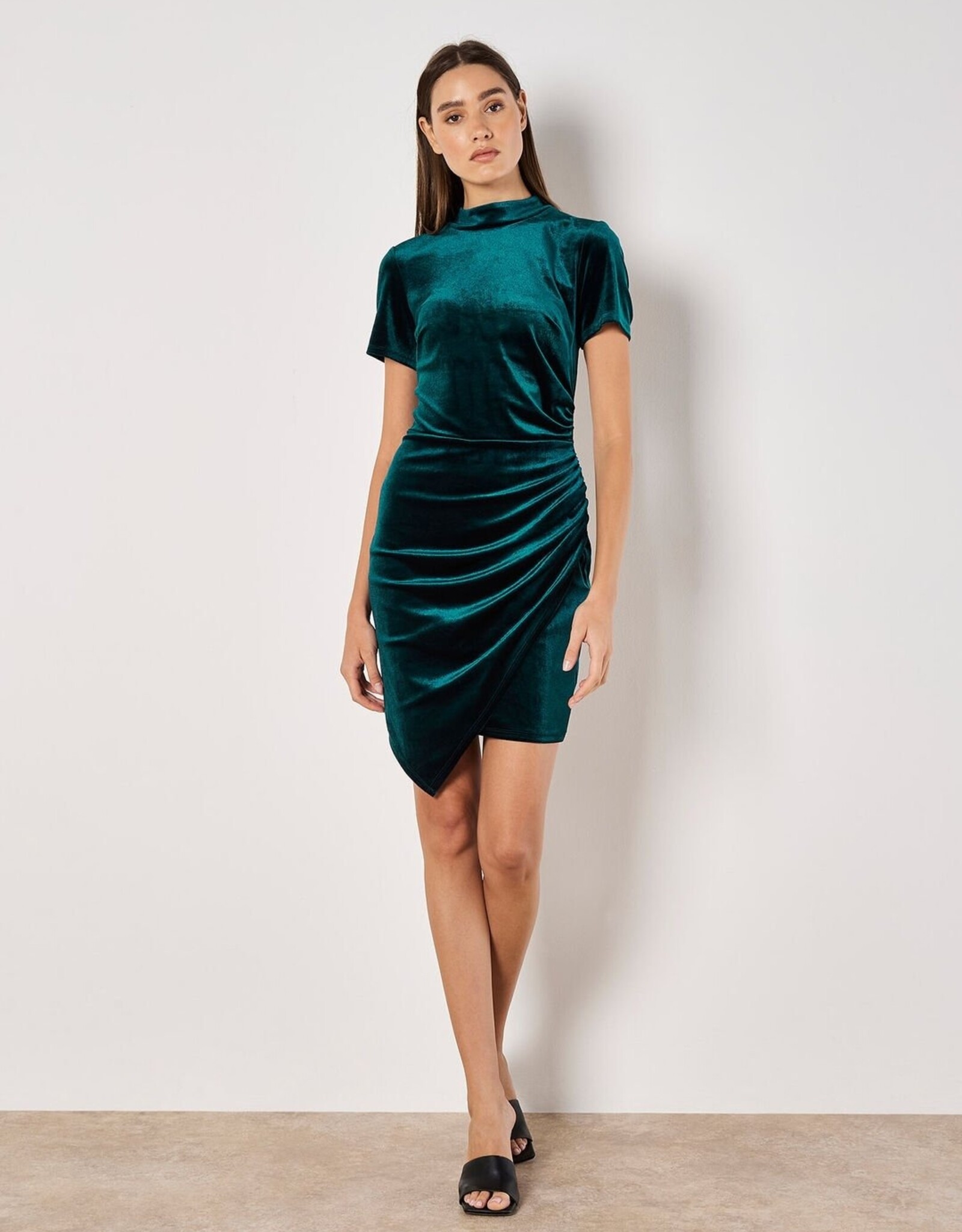 Apricot Velvet High Neck Ruched Mini Dress
