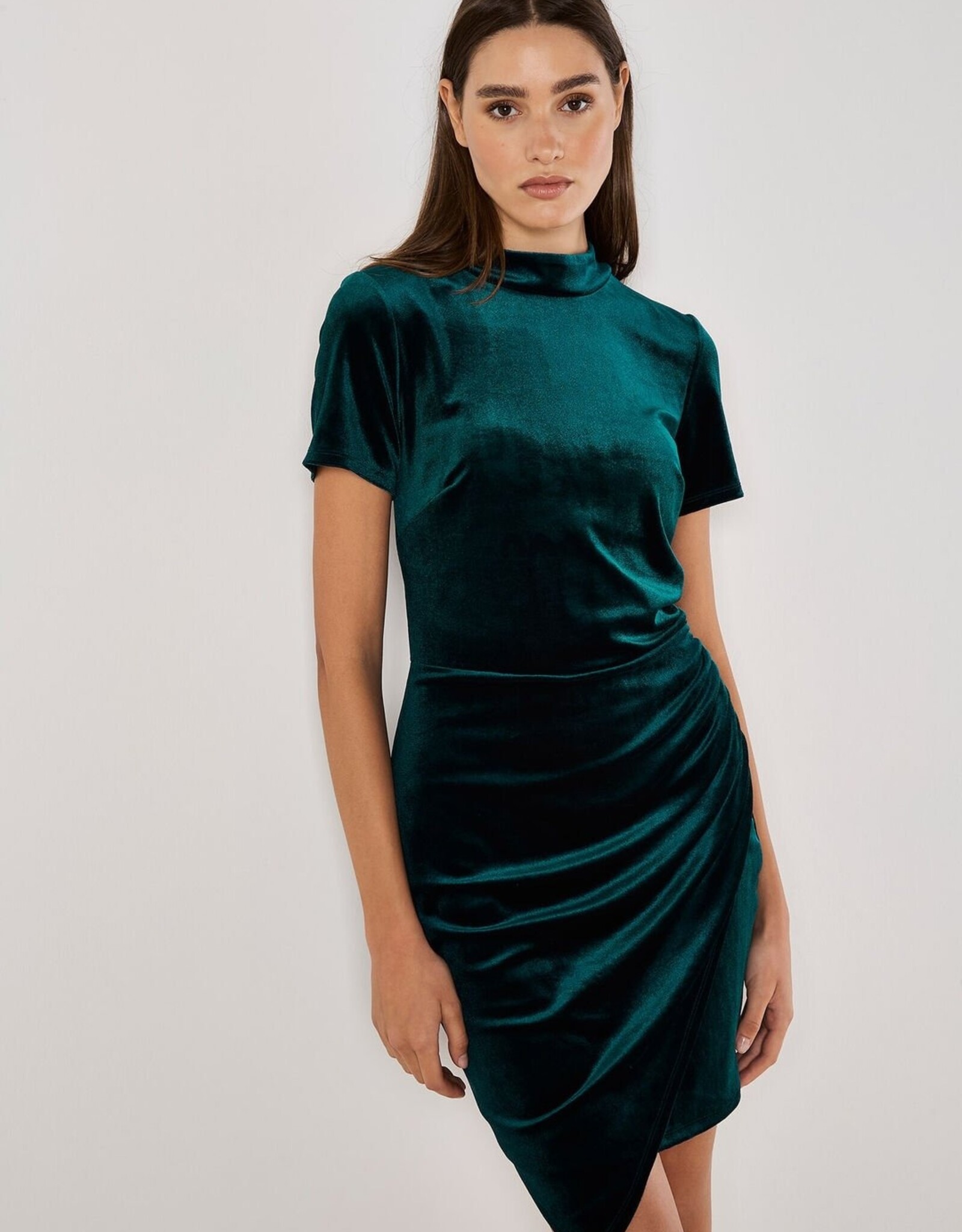 Apricot Velvet High Neck Ruched Mini Dress
