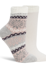 Lemon Loungewear 2Pk Non Terry Snow Day Double Layer Crew Socks - Pink Brown