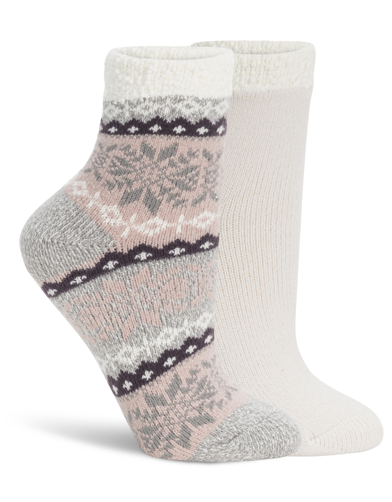Lemon Loungewear 2Pk Non Terry Snow Day Double Layer Crew Socks - Pink Brown