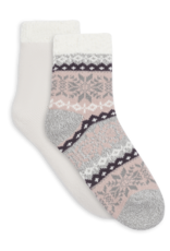 Lemon Loungewear 2Pk Non Terry Snow Day Double Layer Crew Socks - Pink Brown