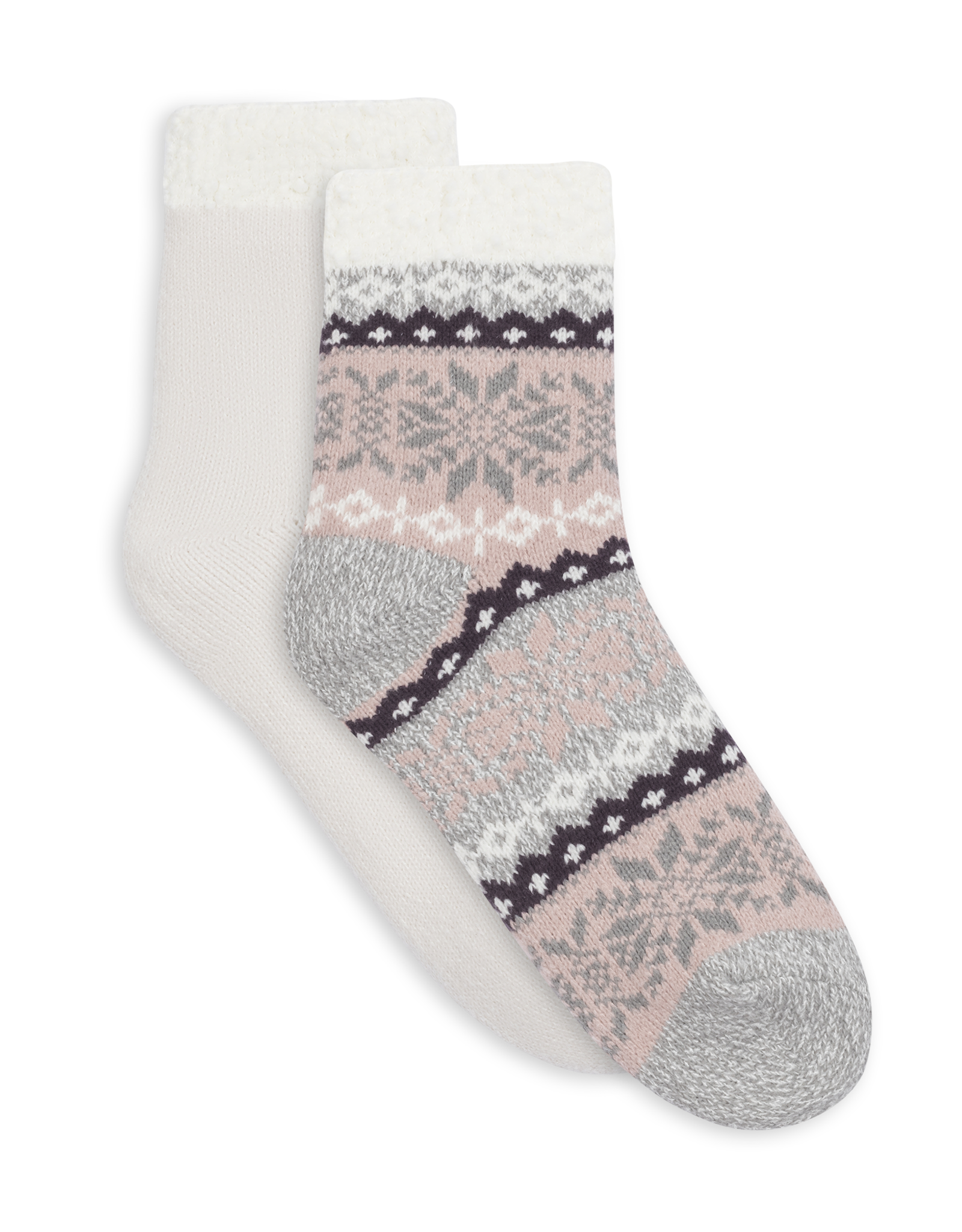 Lemon Loungewear 2Pk Non Terry Snow Day Double Layer Crew Socks - Pink Brown