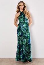 Apricot Tropical Leafy Neck Textured Satin Dress