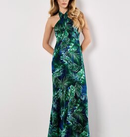 Apricot Tropical Leafy Neck Textured Satin Dress