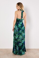 Apricot Tropical Leafy Neck Textured Satin Dress