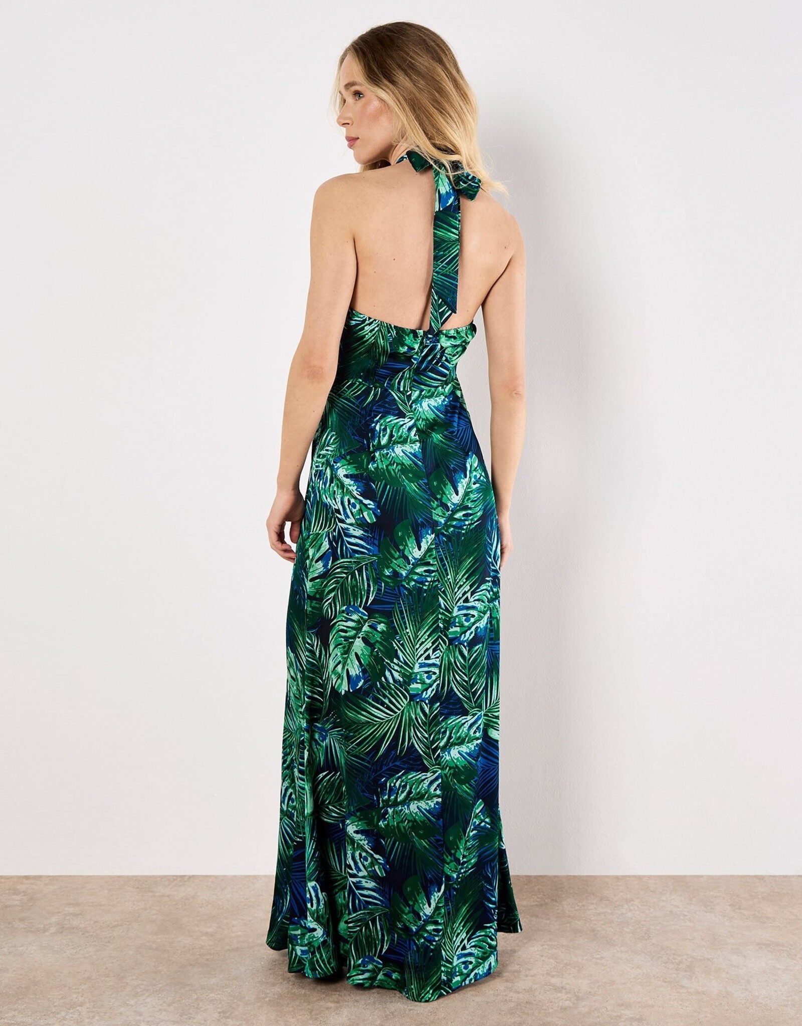 Apricot Tropical Leafy Neck Textured Satin Dress