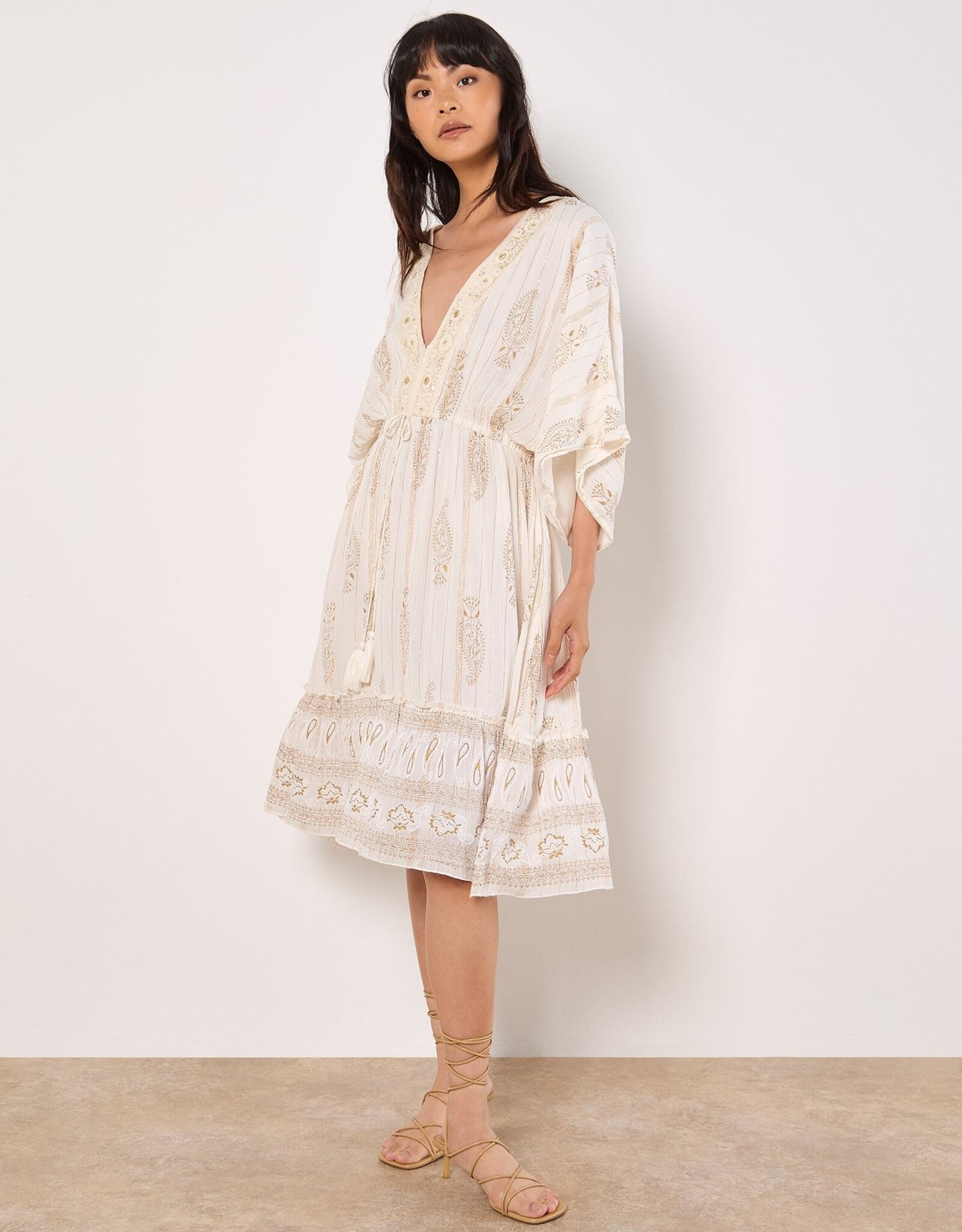 Apricot Paisley Boho Lurex V Neck Mini Dress