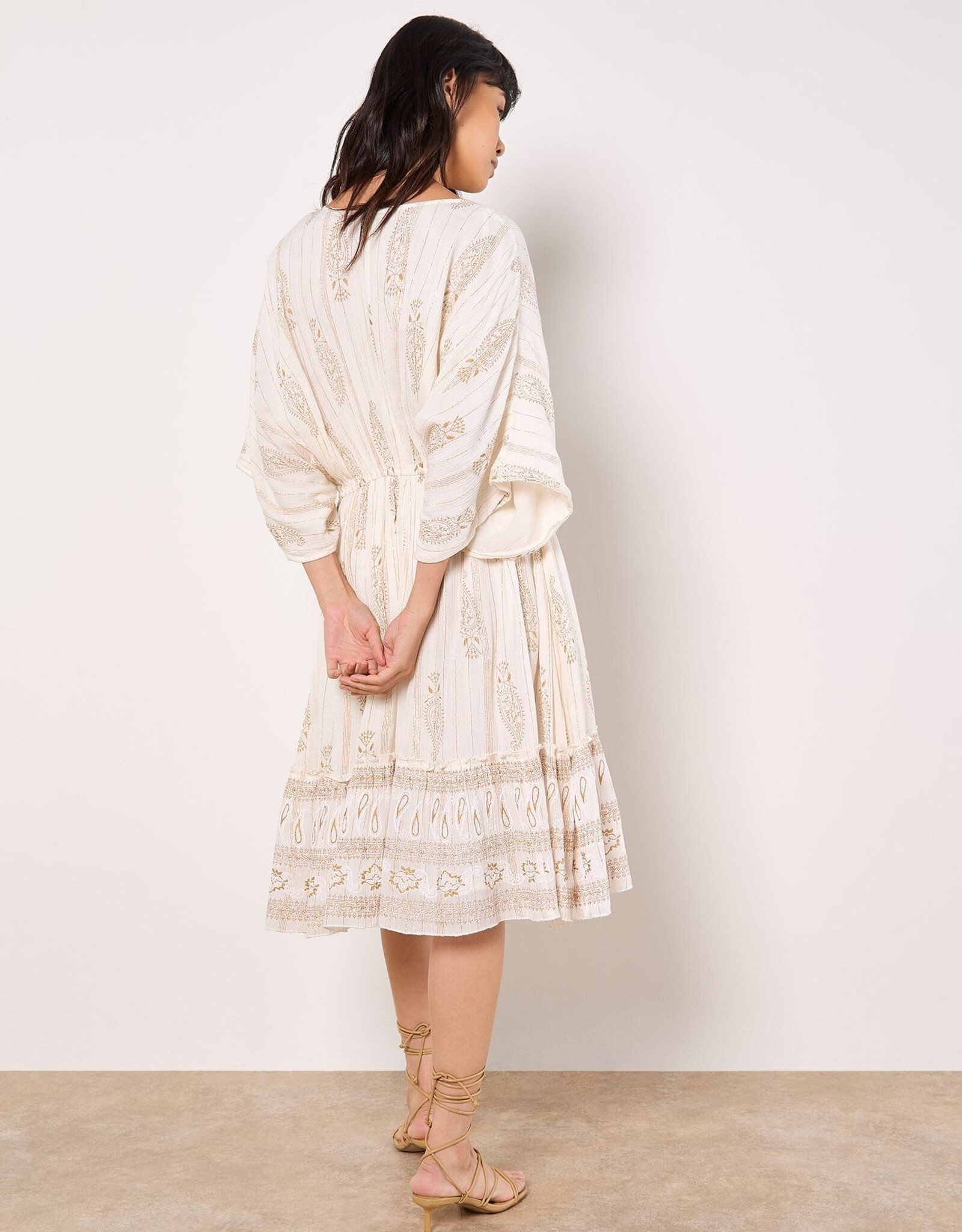 Apricot Paisley Boho Lurex V Neck Mini Dress