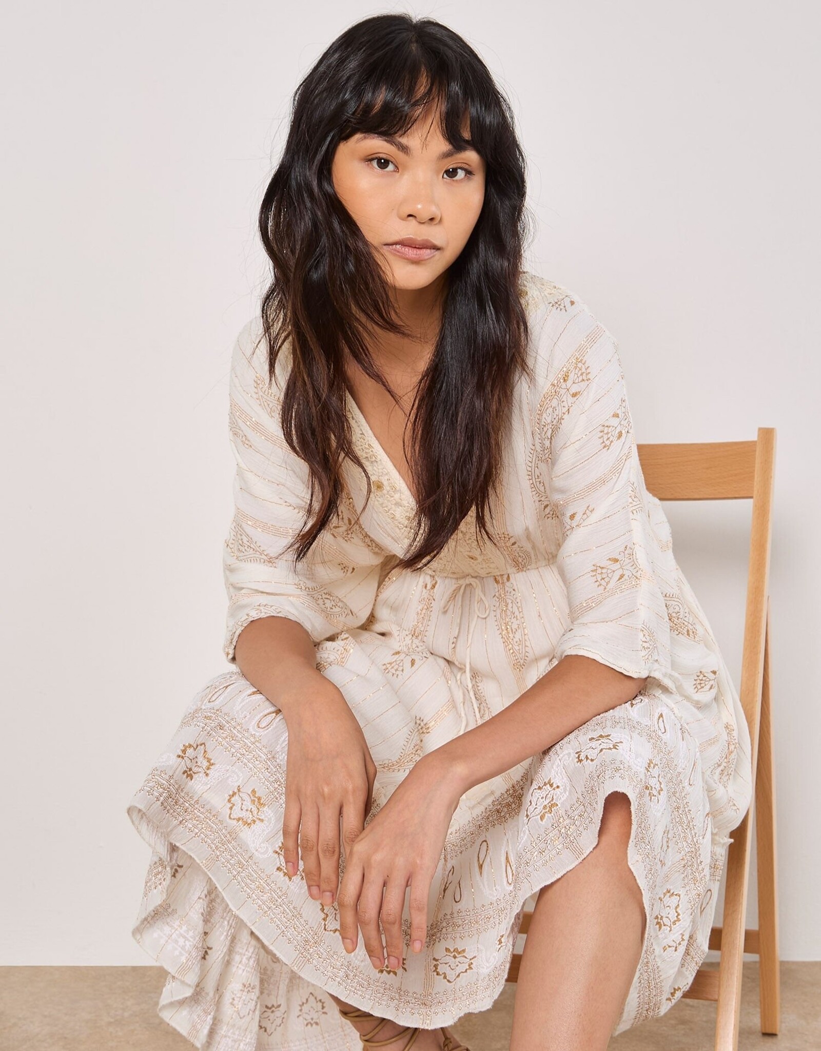 Apricot Paisley Boho Lurex V Neck Mini Dress