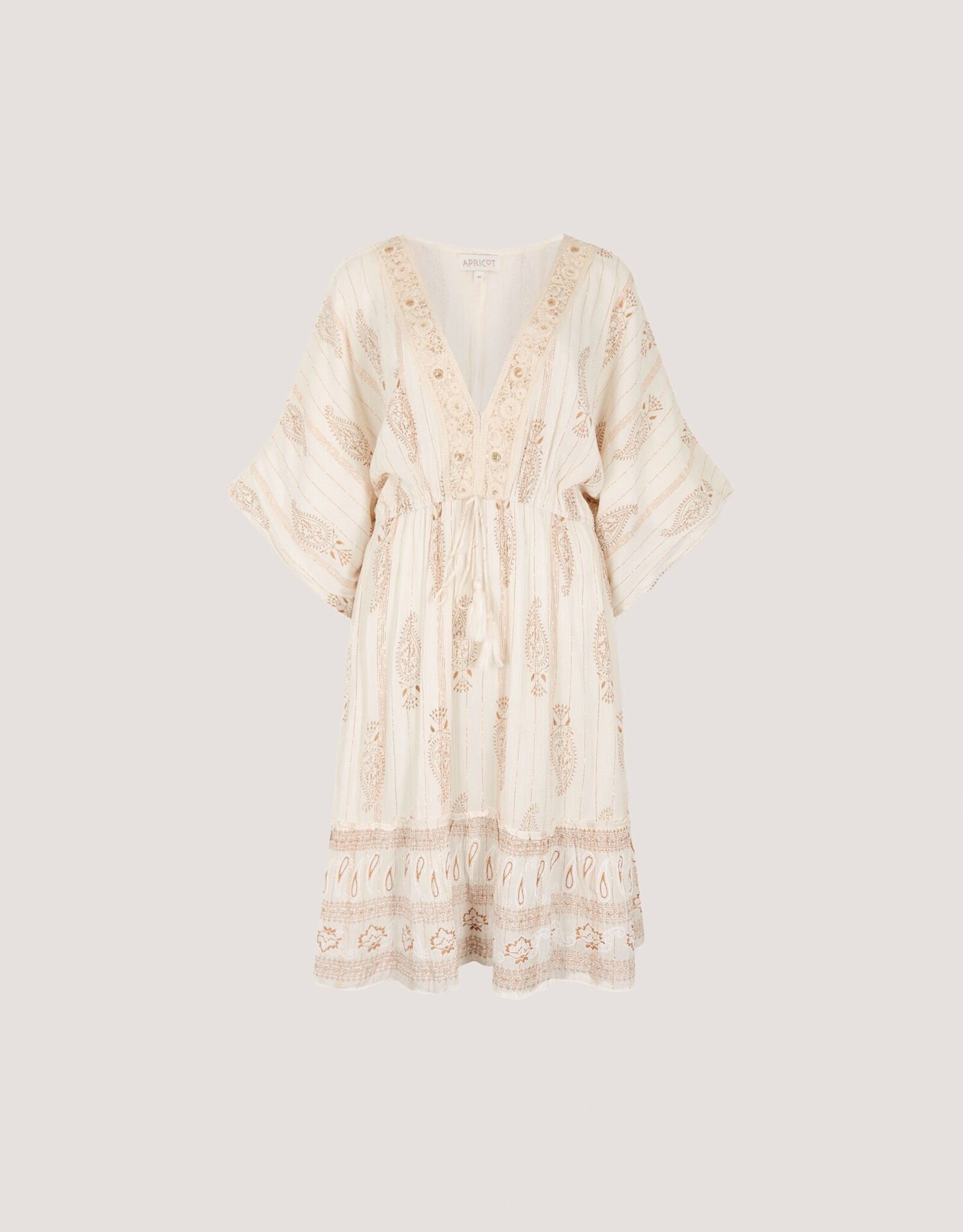 Apricot Paisley Boho Lurex V Neck Mini Dress