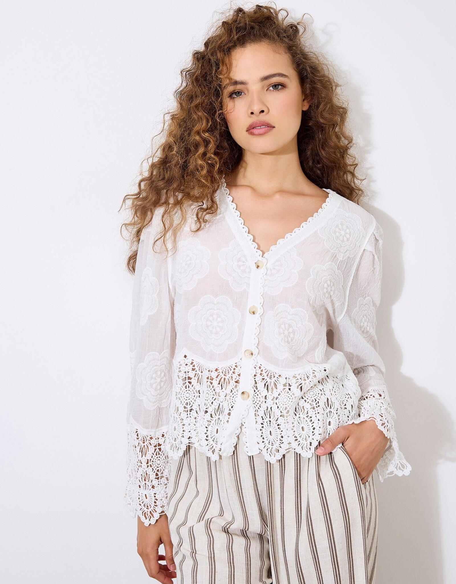 Apricot Embroidered Lace Hem Button Blouse