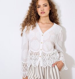 Apricot Embroidered Lace Hem Button Blouse