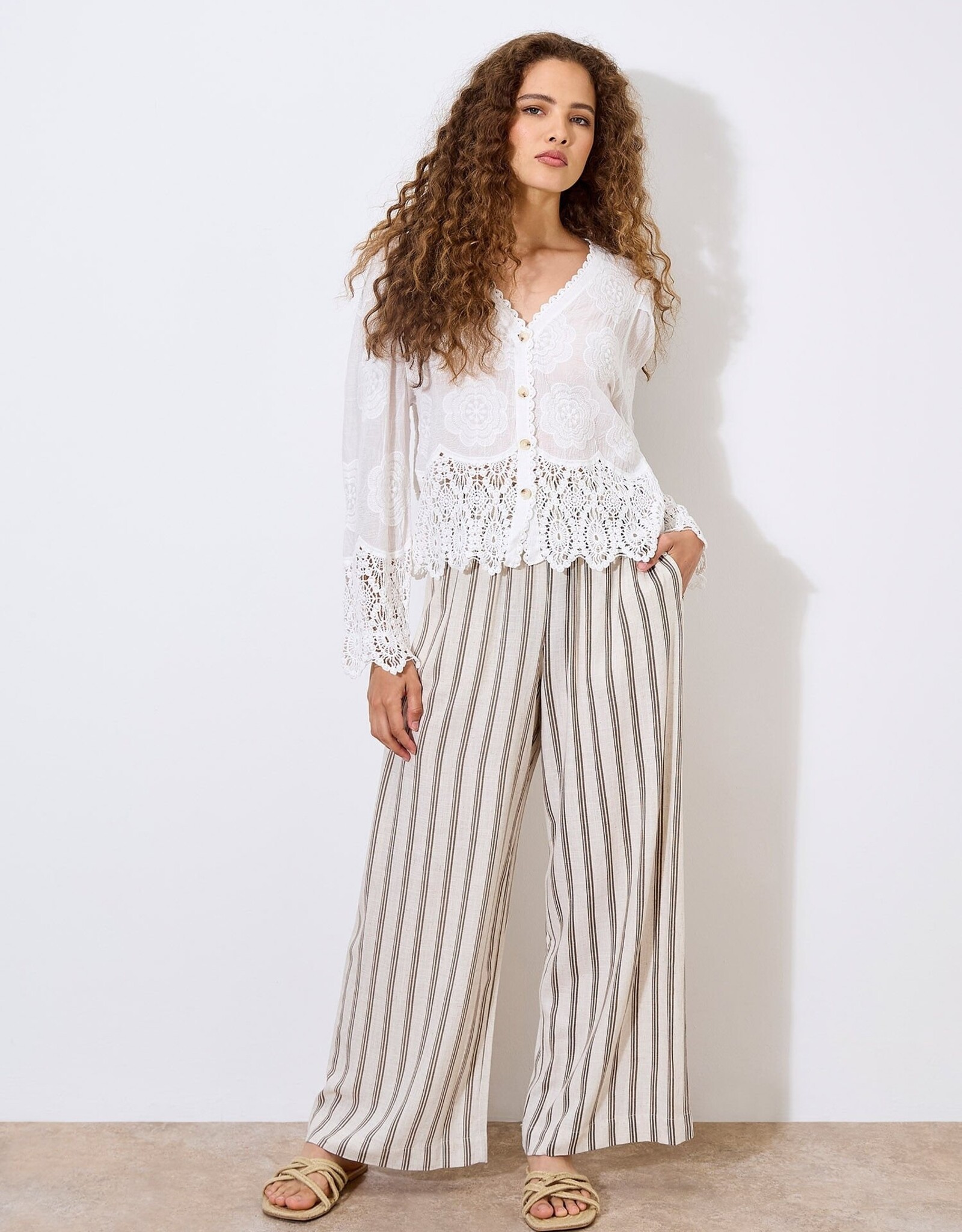 Apricot Embroidered Lace Hem Button Blouse