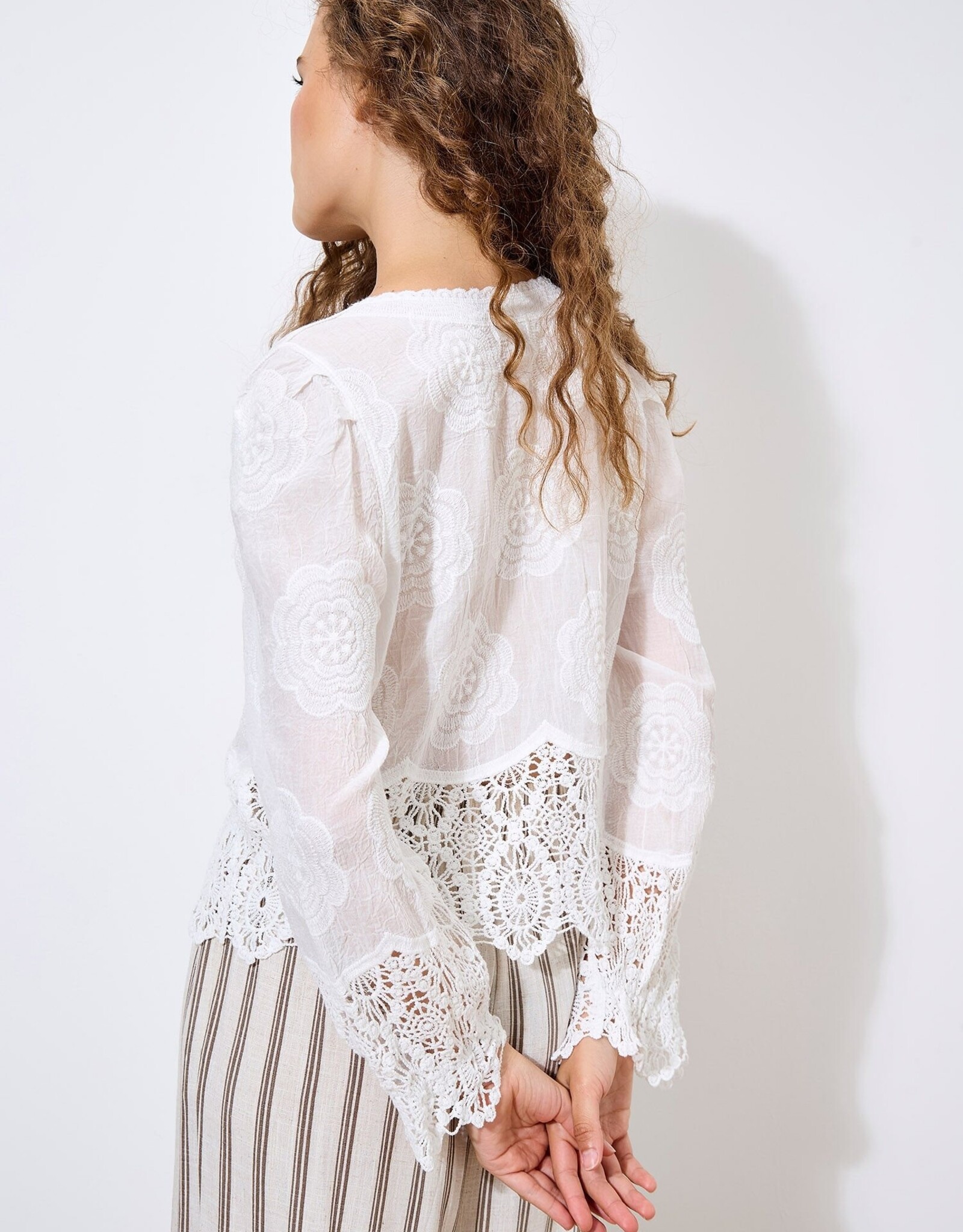 Apricot Embroidered Lace Hem Button Blouse