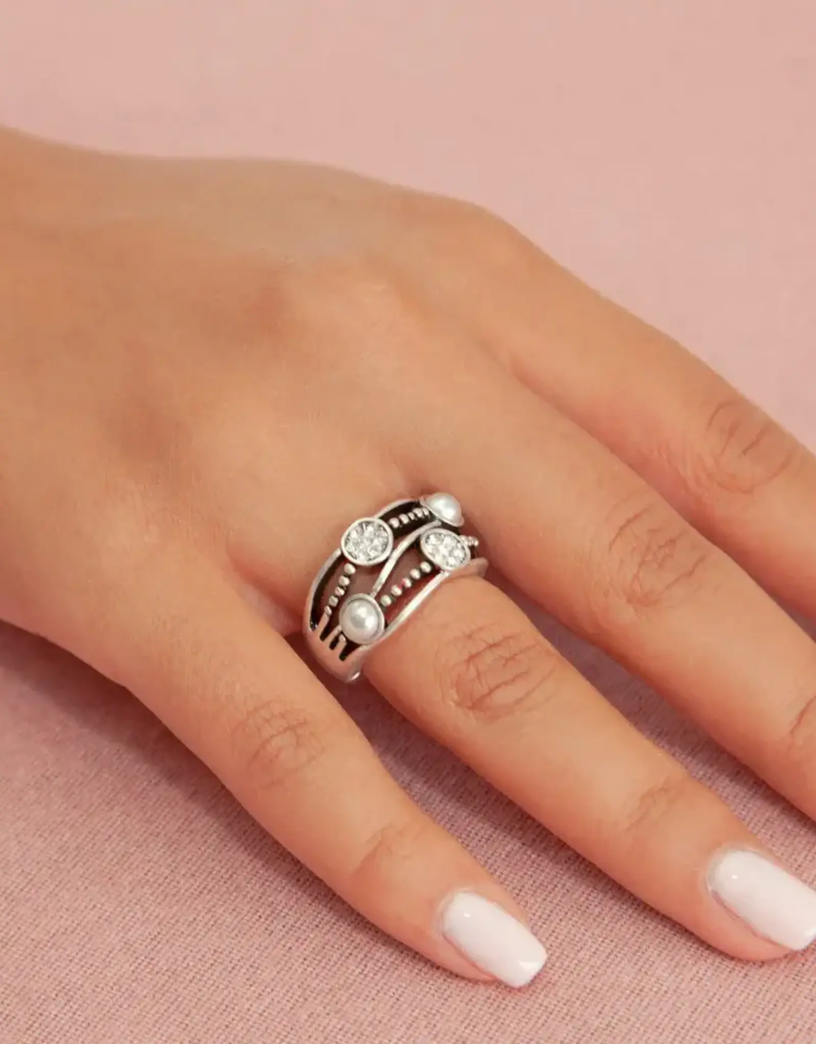 By Chance BC CZ & Pearl Accented Stretch Ring Silver