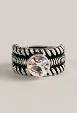 By Chance BC Oxidized Meatl Ribbed Design w CZ Stretch Ring