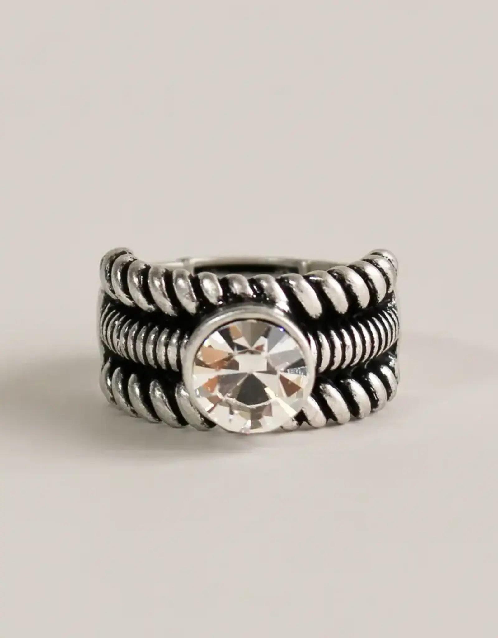 By Chance BC Oxidized Meatl Ribbed Design w CZ Stretch Ring