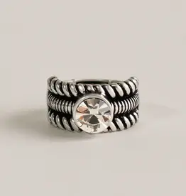 By Chance BC Oxidized Meatl Ribbed Design w CZ Stretch Ring