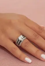 By Chance BC Oxidized Meatl Ribbed Design w CZ Stretch Ring