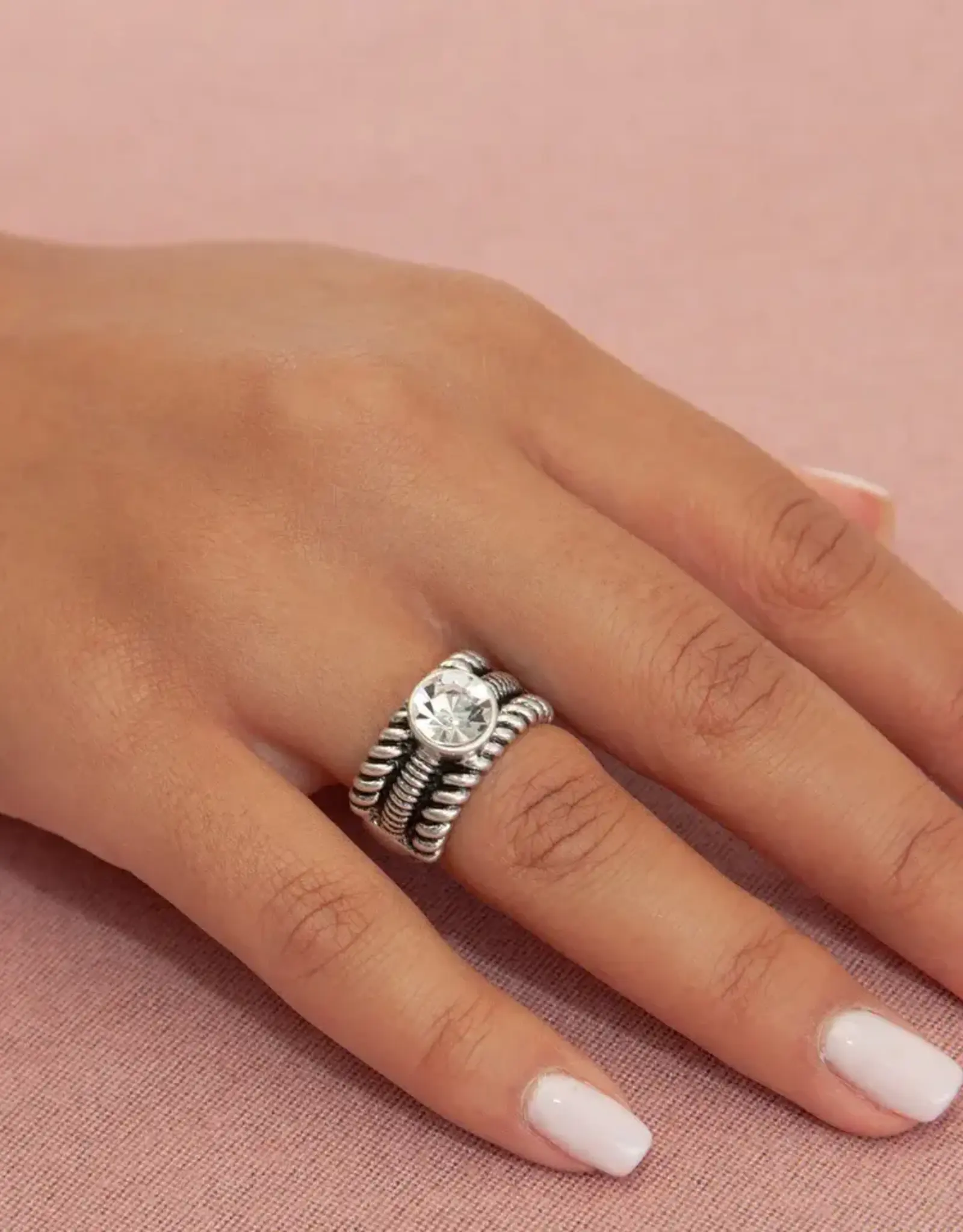 By Chance BC Oxidized Meatl Ribbed Design w CZ Stretch Ring