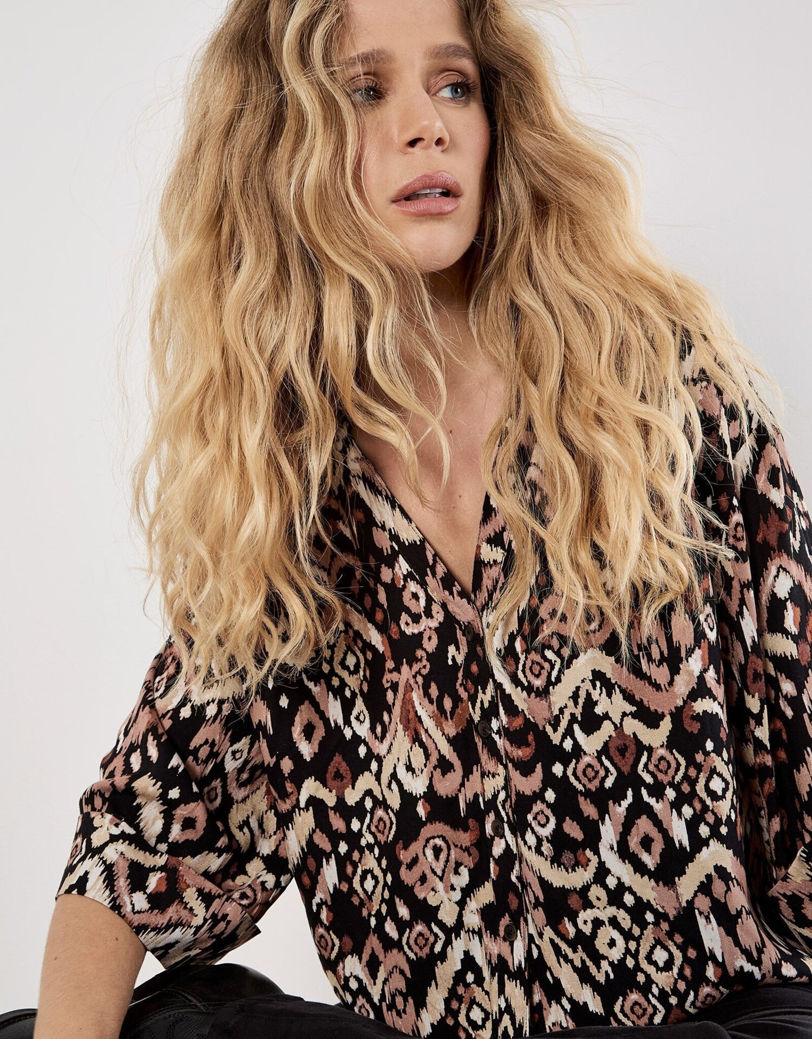 Apricot Open Collar Ikat Boxy Shirt