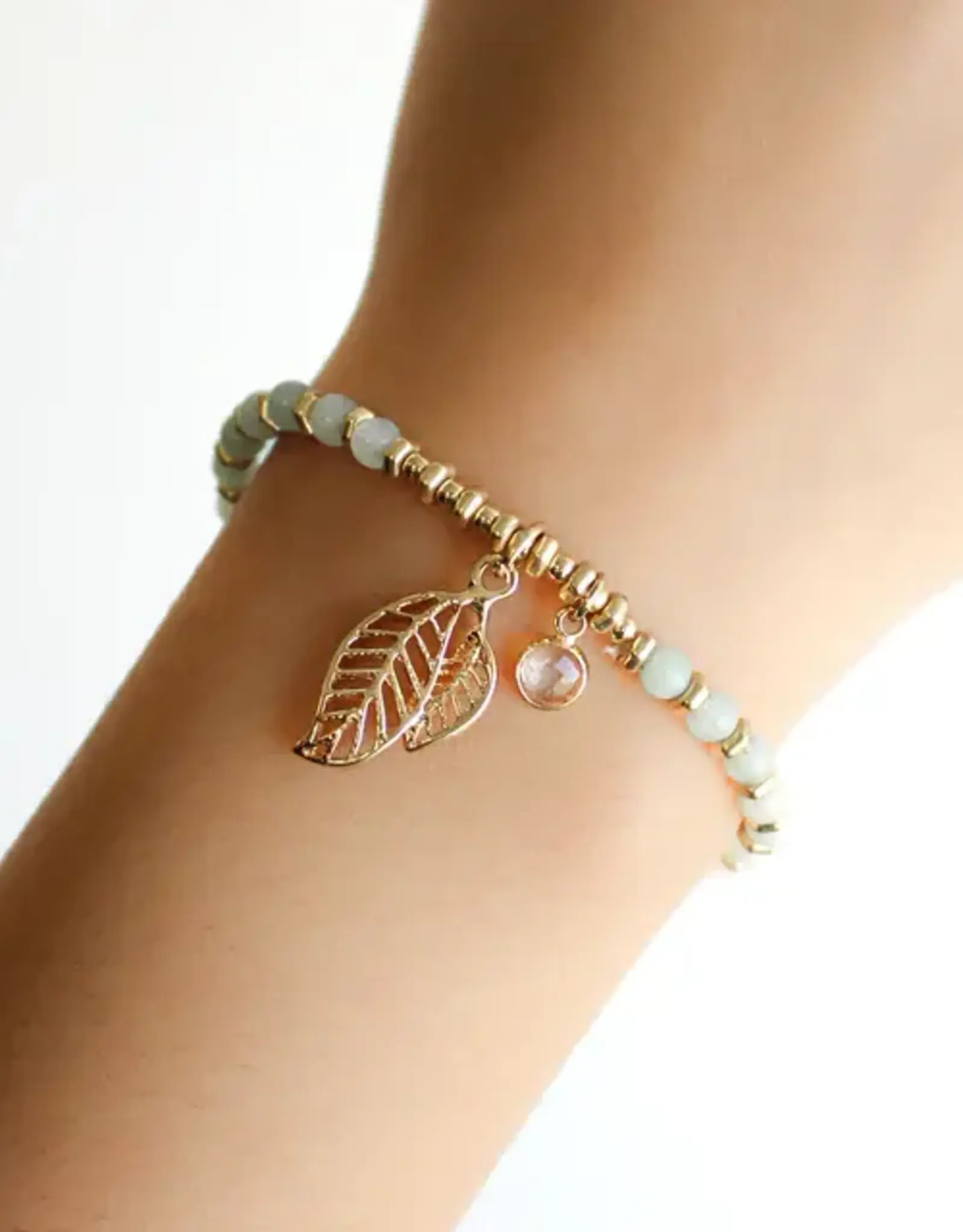By Chance ByChance Leaf Charm w Green Stone Bracelet