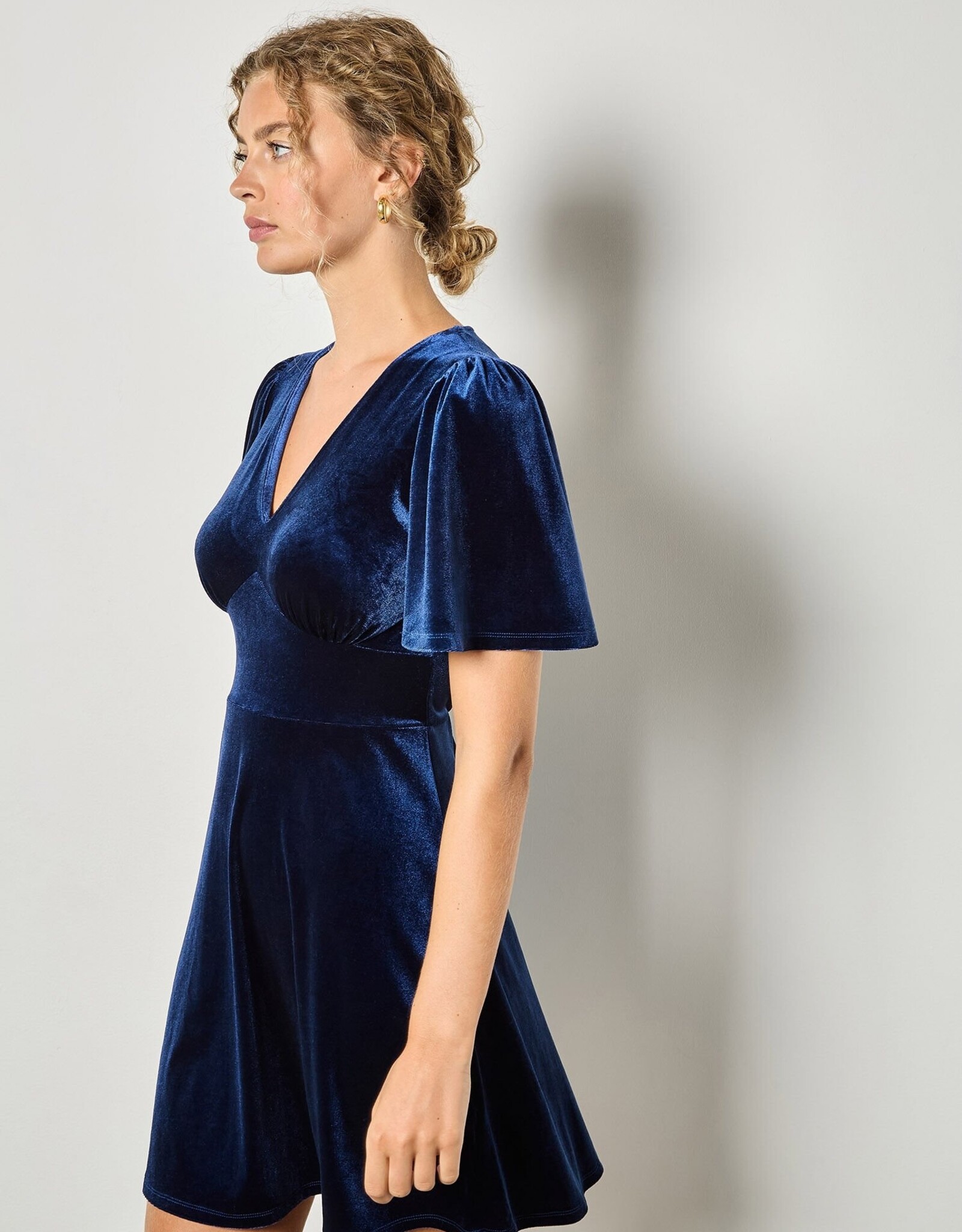 Apricot Velvet Crew Neck Empire Mini Dress