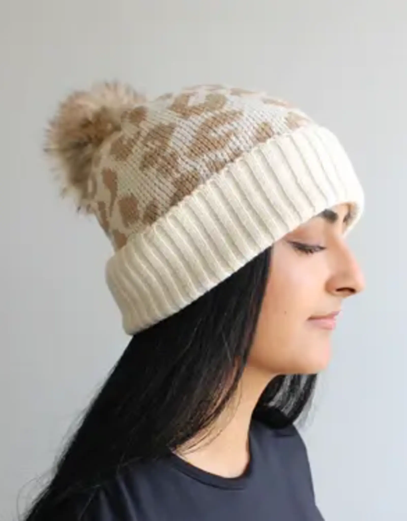 By Chance ByChance Leopard Print Winter Hat w/ Pom Pom Cream