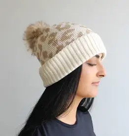 By Chance ByChance Leopard Print Winter Hat w/ Pom Pom Cream