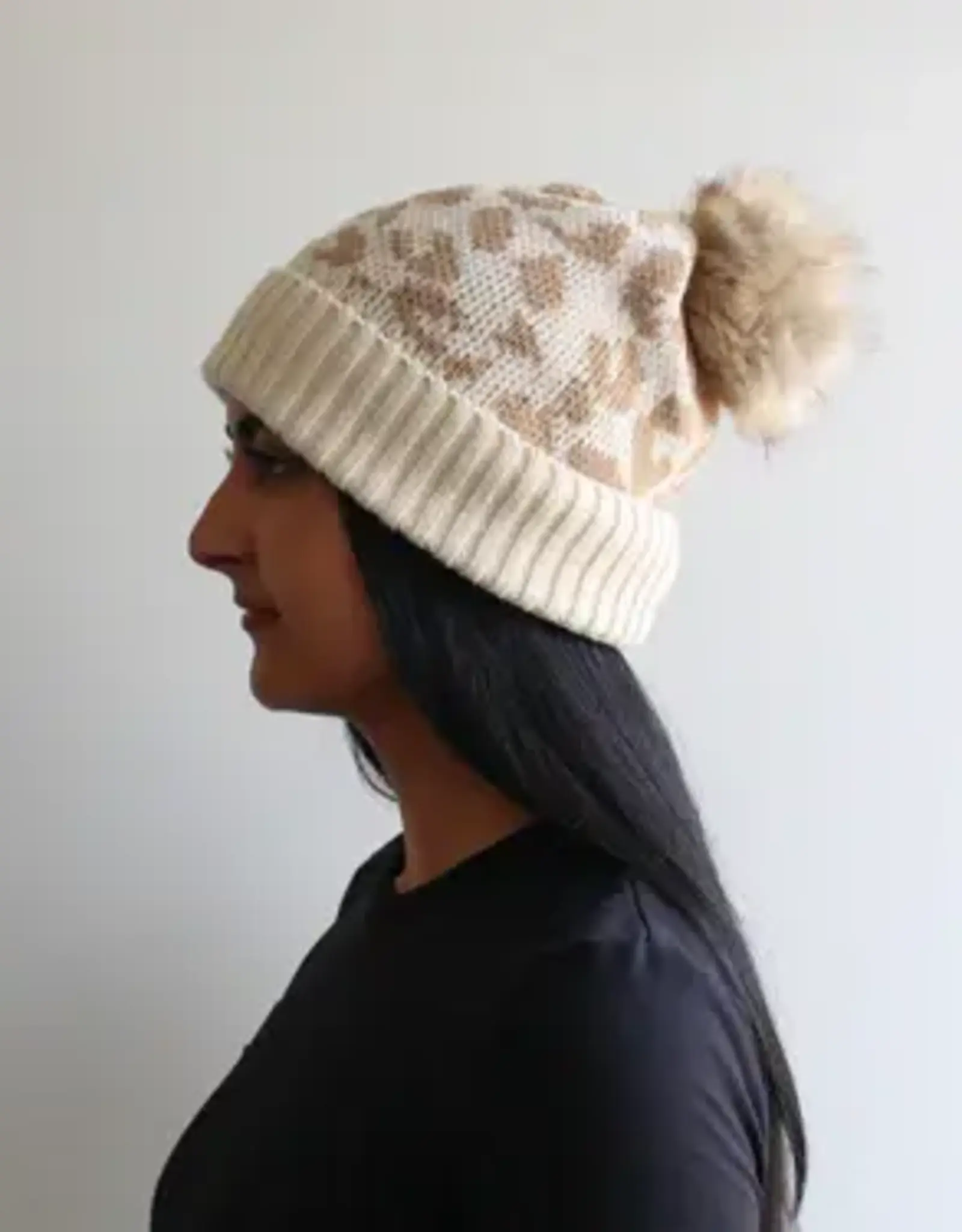 By Chance ByChance Leopard Print Winter Hat w/ Pom Pom Cream