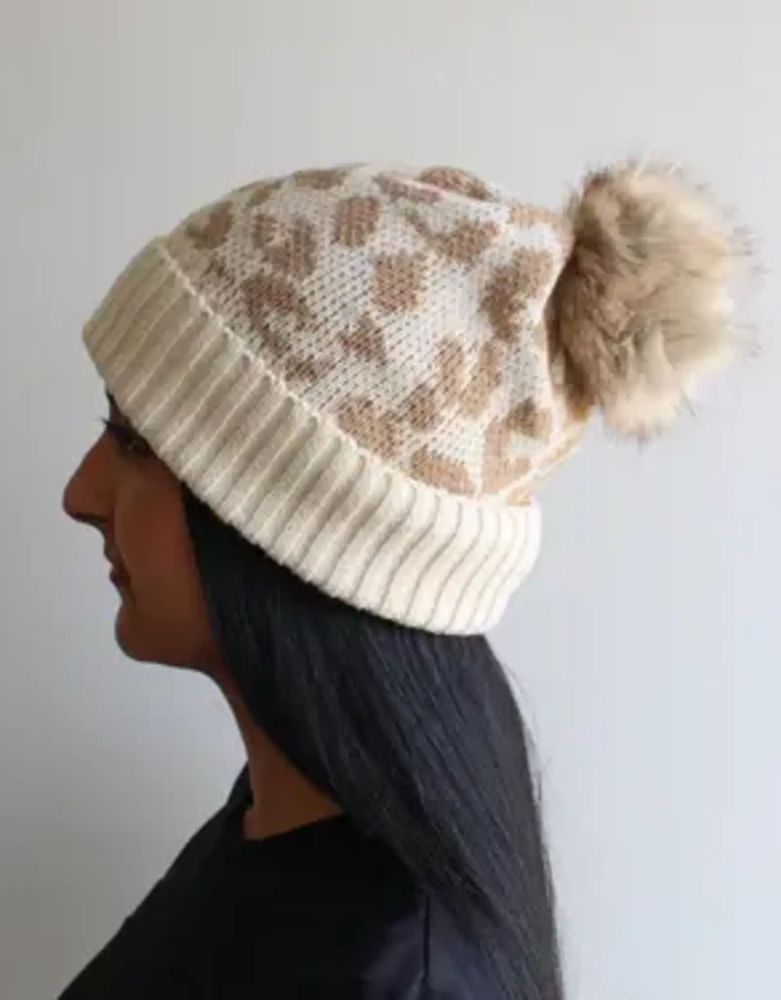 By Chance ByChance Leopard Print Winter Hat w/ Pom Pom Cream