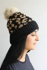 By Chance ByChance Leopard Print Winter Hat w/ Pom Pom Black