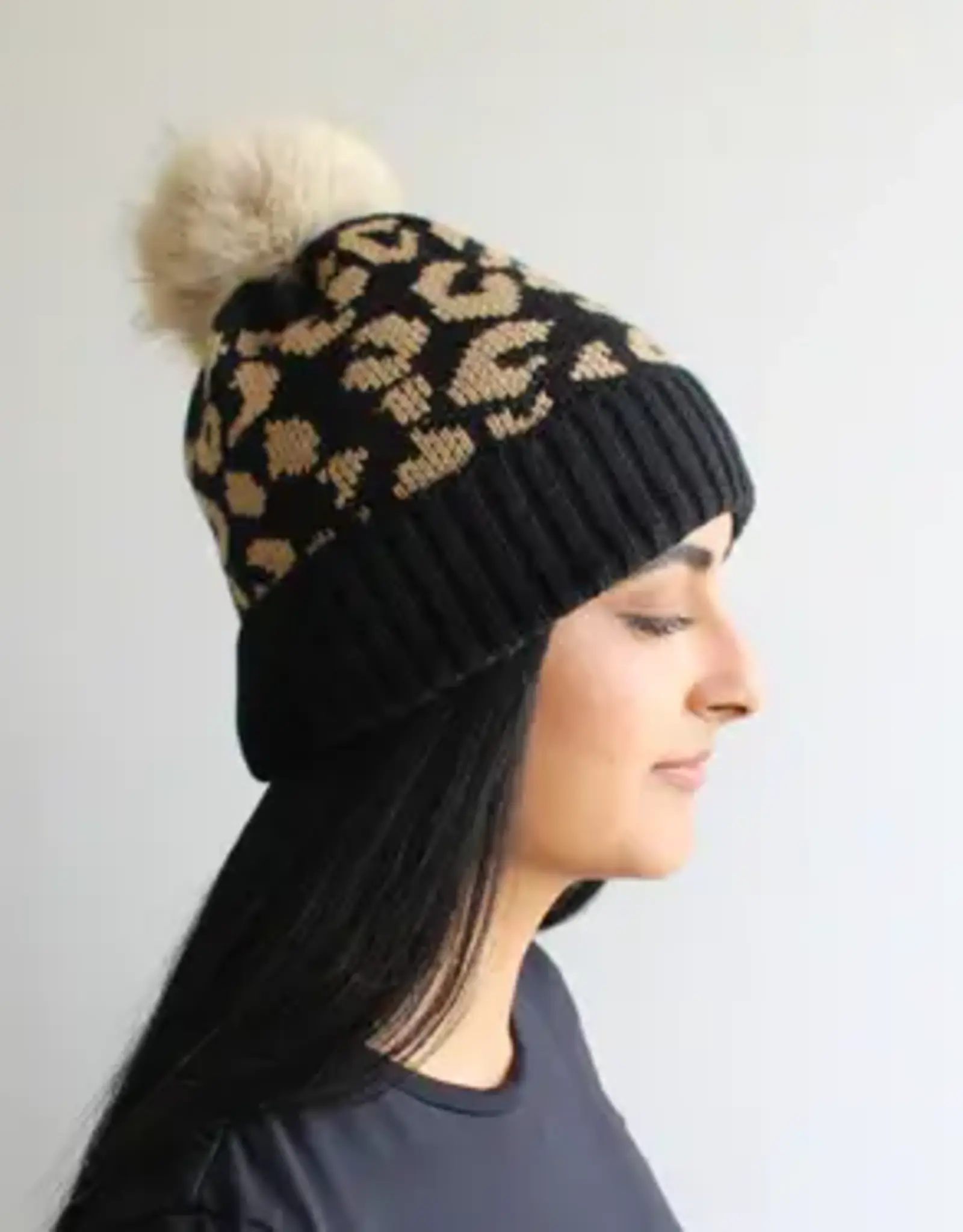 By Chance ByChance Leopard Print Winter Hat w/ Pom Pom Black