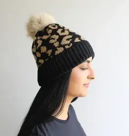 By Chance ByChance Leopard Print Winter Hat w/ Pom Pom Black