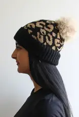 By Chance ByChance Leopard Print Winter Hat w/ Pom Pom Black